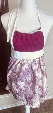 Vintage Bib Apron Red White toile Cottagecore Pinafore Ruffles MCM Tradwife